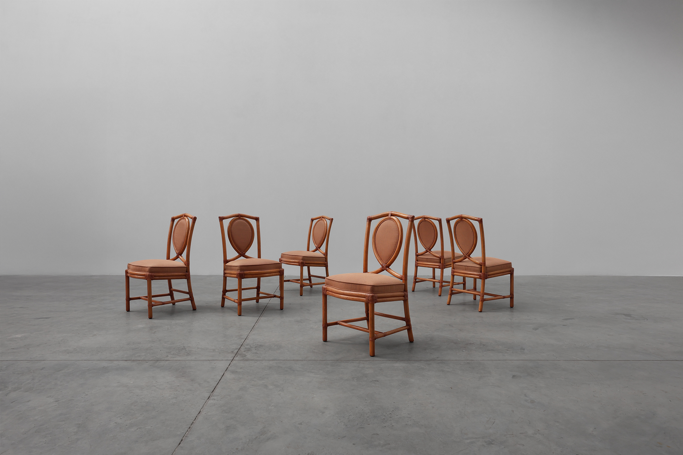 Set of 6 bamboo dining room chairs with geometric upholstery by Gasparucci, Italy 1980sthumbnail